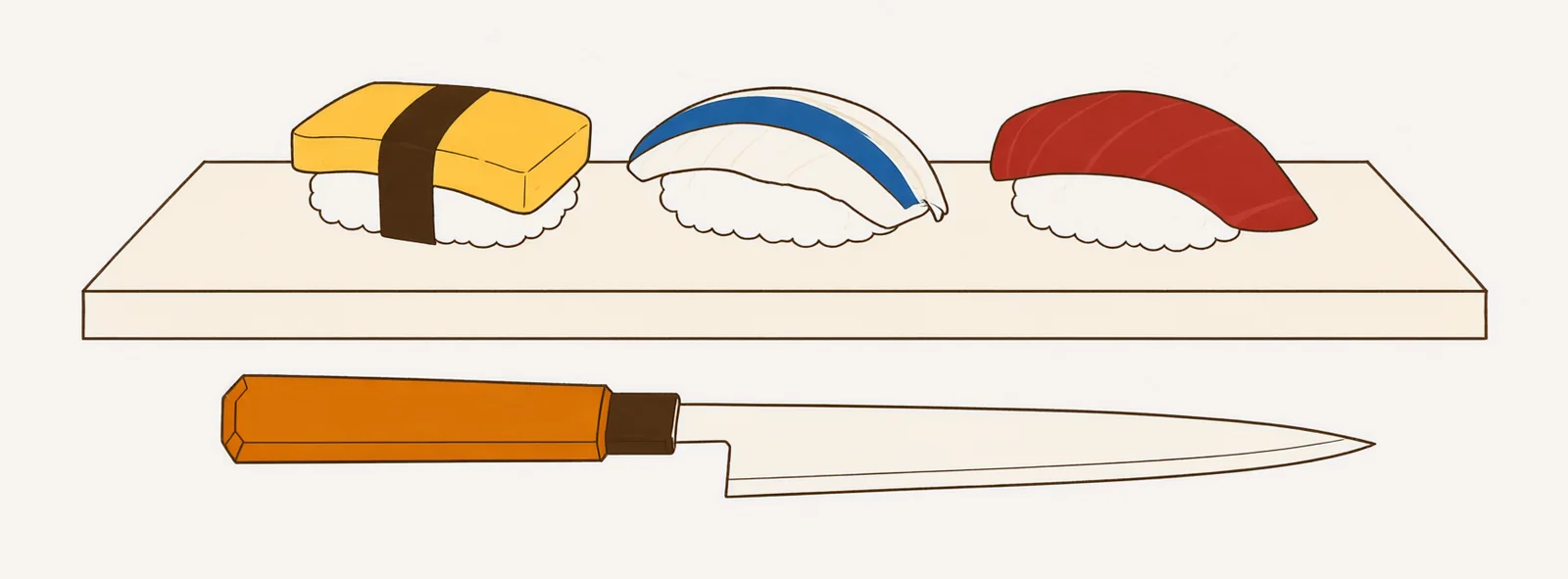 插圖:木台上排著三貫握壽司——玉子、鯖魚、鮪魚,前面放一把柳刃刀。